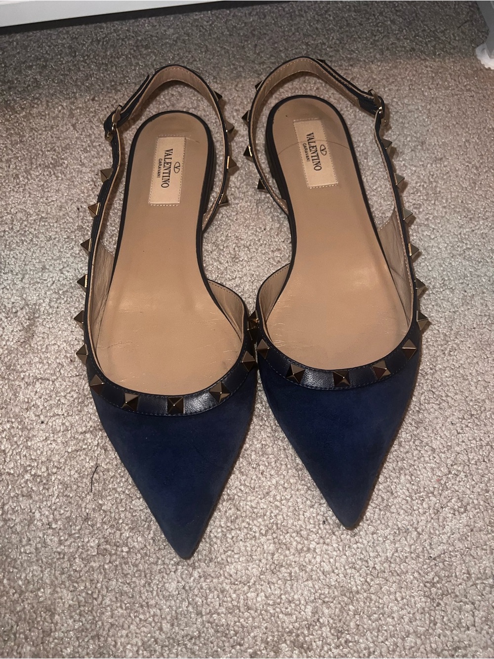 Valentino Navy Suede Pointed Slingback Flats with Gold Rockstuds